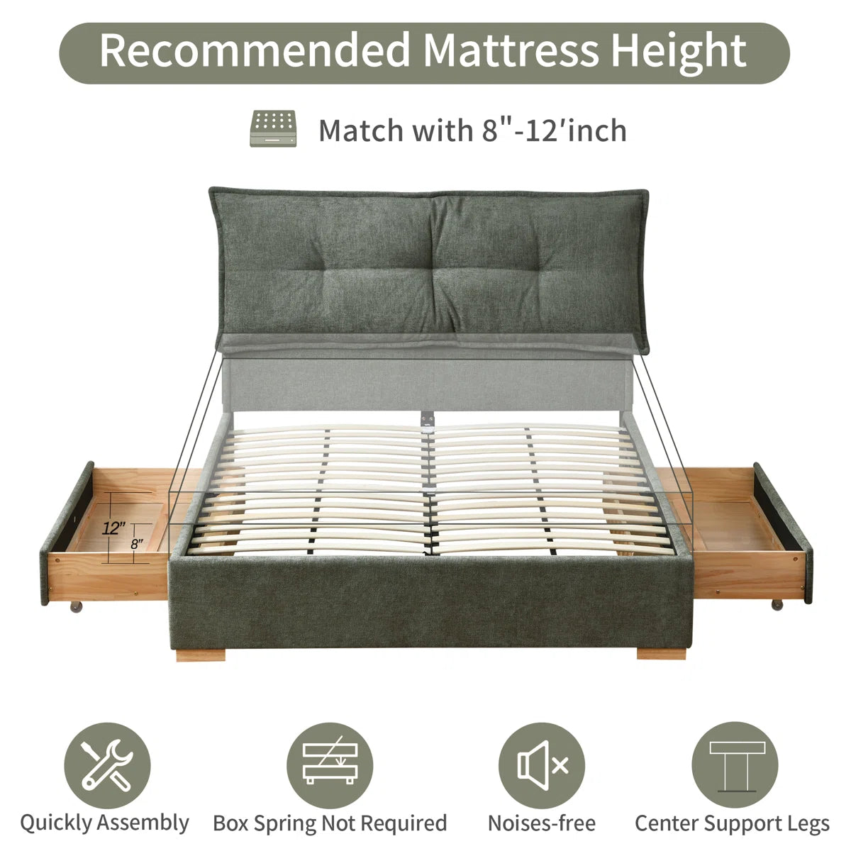 Braya Upholstered Platform Storage Bed With Removable Pillow-Style Headboard, 2 Large Wooden Drawers, Dusty Sage, Full, image 4