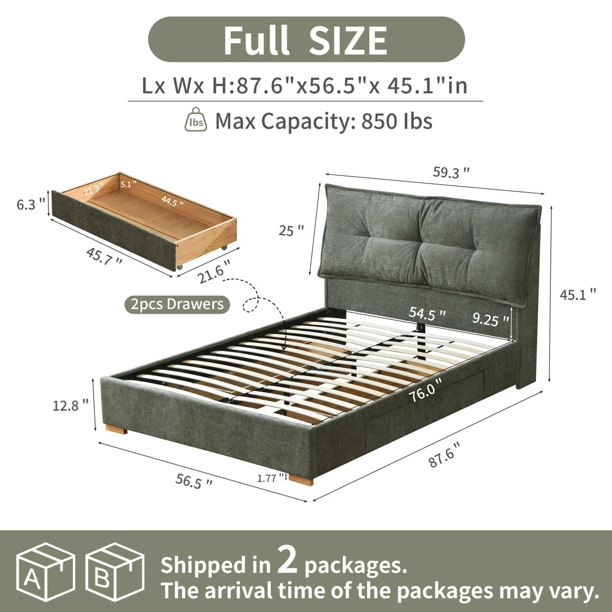 Braya Upholstered Platform Storage Bed With Removable Pillow-Style Headboard, 2 Large Wooden Drawers, Dusty Sage, Full, image 5