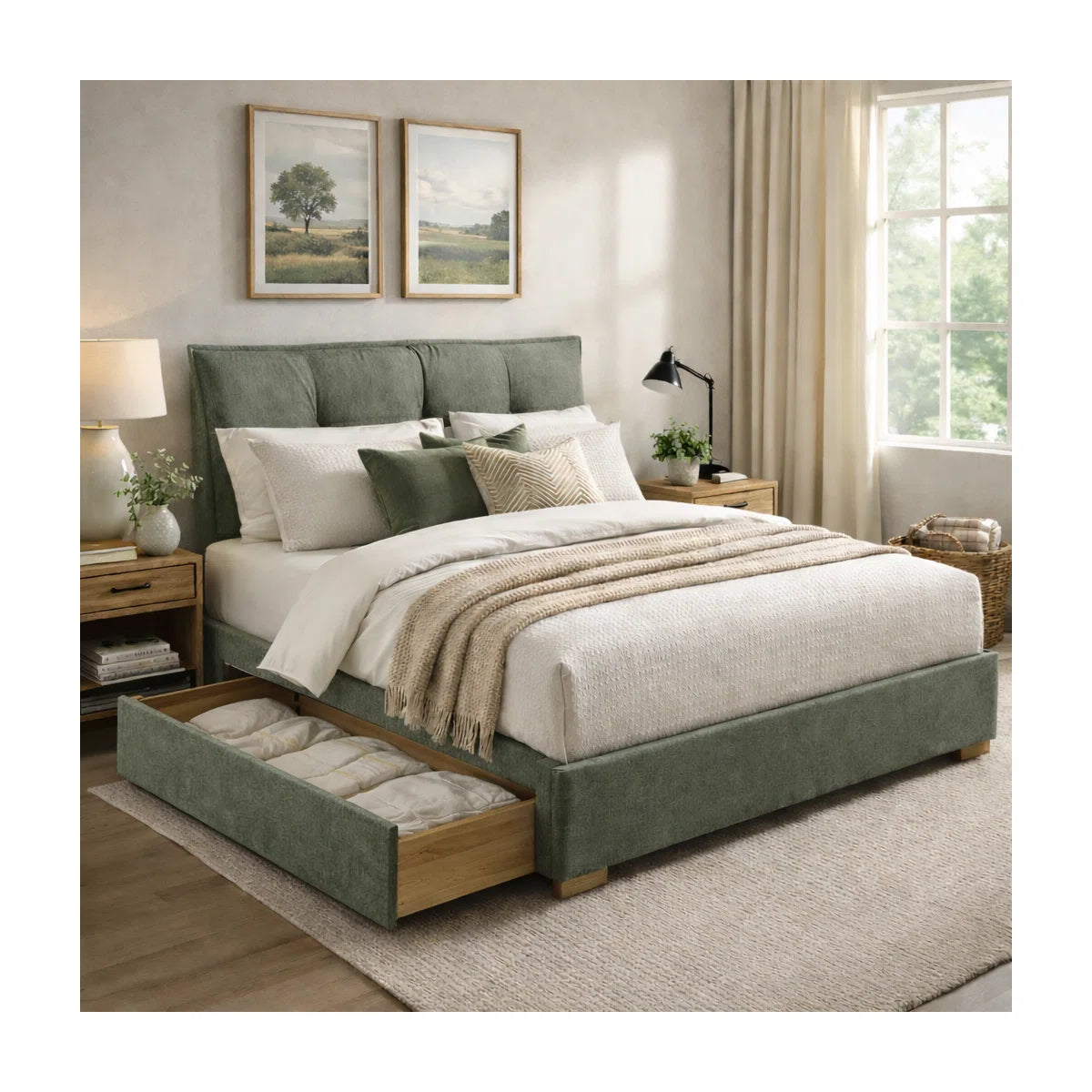 Braya Upholstered Platform Storage Bed With Removable Pillow-Style Headboard, 2 Large Wooden Drawers, Dusty Sage, Full, image 2