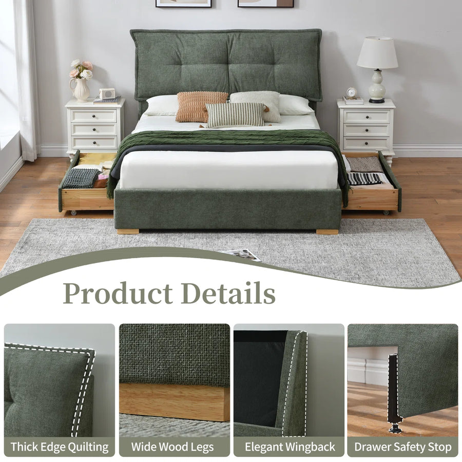 Braya Upholstered Platform Storage Bed With Removable Pillow-Style Headboard, 2 Large Wooden Drawers, Dusty Sage, Full, image 14