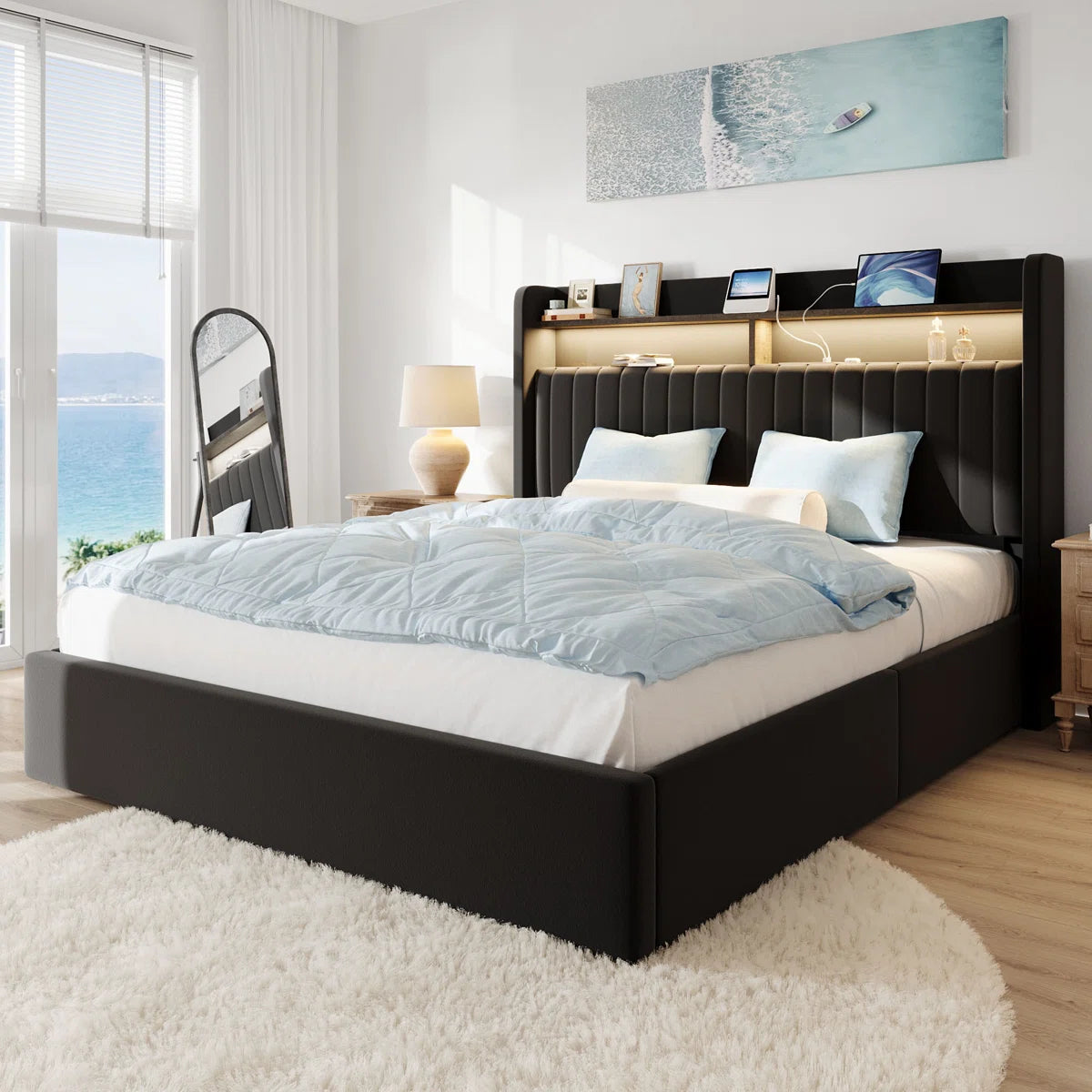 Hydraulic Lift Up Storage Upholstered Platform Wingback LED Bed With 2-Tier Shelves And Charging Station