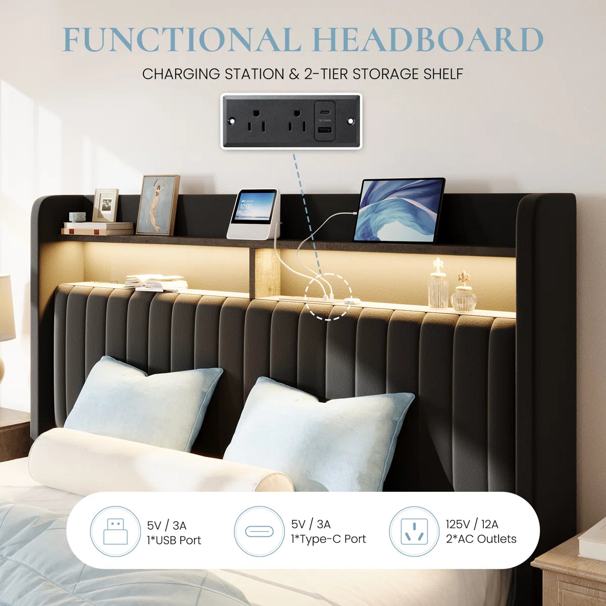 Hydraulic Lift Up Storage Upholstered Platform Wingback LED Bed With 2-Tier Shelves And Charging Station, image 3