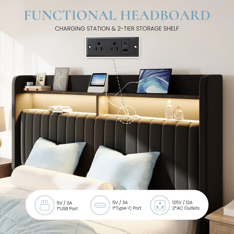 Hydraulic Lift Up Storage Upholstered Platform Wingback LED Bed With 2-Tier Shelves And Charging Station, image 3
