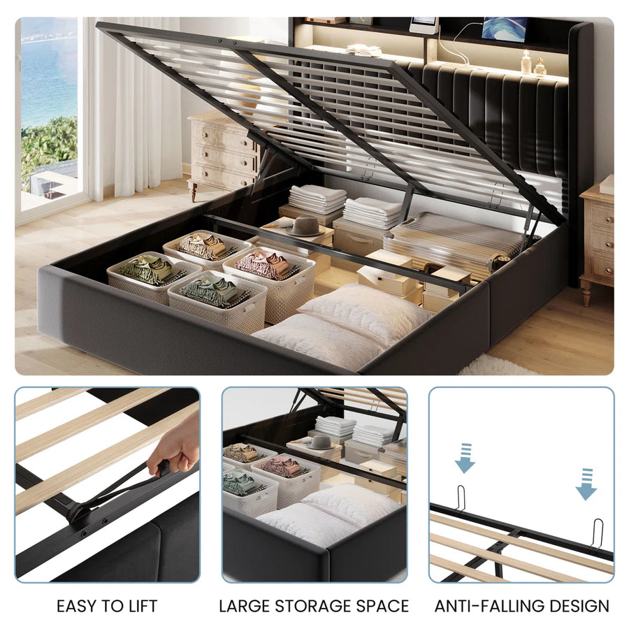 Hydraulic Lift Up Storage Upholstered Platform Wingback LED Bed With 2-Tier Shelves And Charging Station, image 4