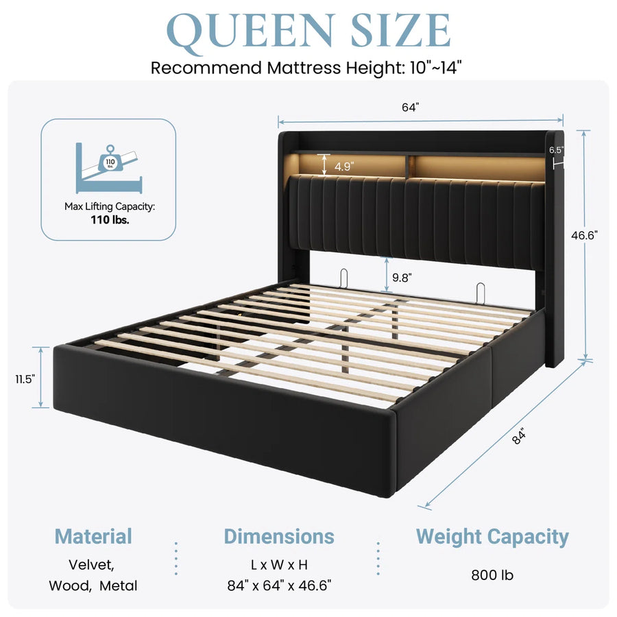Hydraulic Lift Up Storage Upholstered Platform Wingback LED Bed With 2-Tier Shelves And Charging Station, image 5