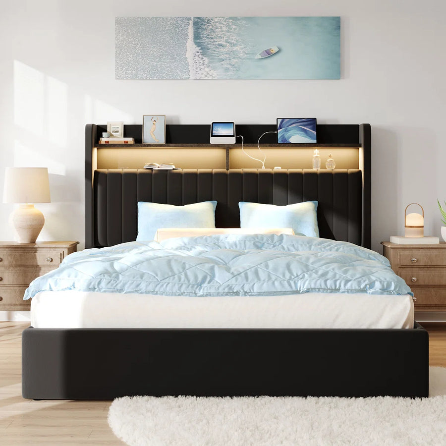 Hydraulic Lift Up Storage Upholstered Platform Wingback LED Bed With 2-Tier Shelves And Charging Station, image 7