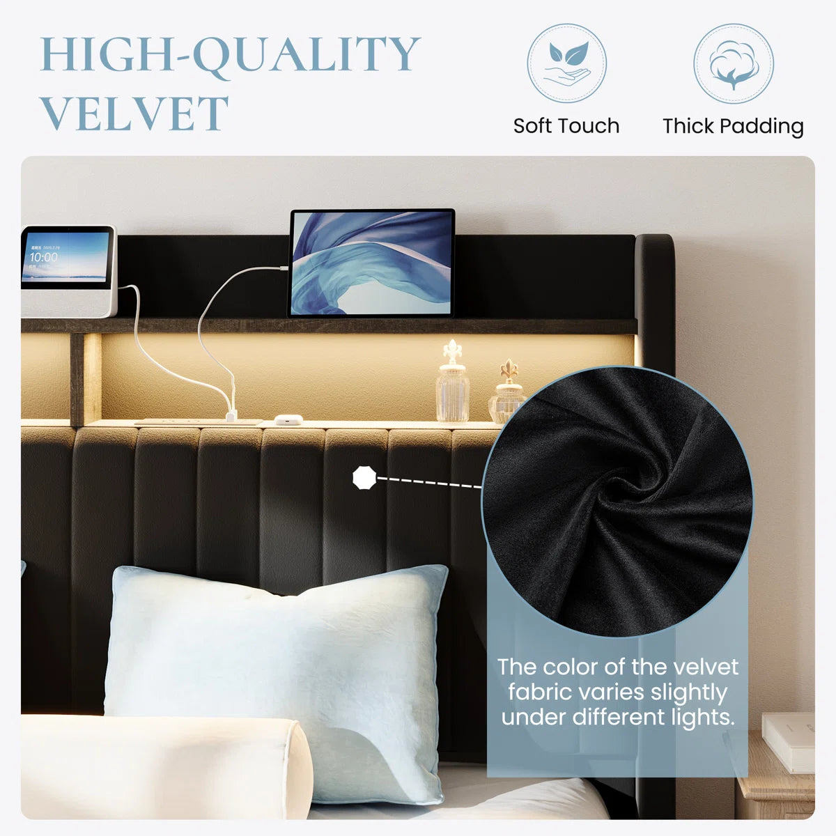 Hydraulic Lift Up Storage Upholstered Platform Wingback LED Bed With 2-Tier Shelves And Charging Station, image 8