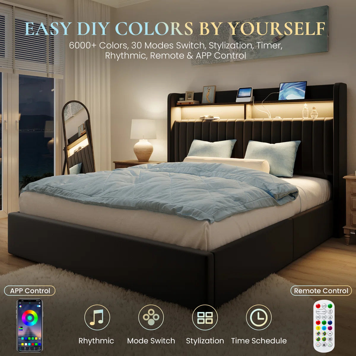 Hydraulic Lift Up Storage Upholstered Platform Wingback LED Bed With 2-Tier Shelves And Charging Station, image 2