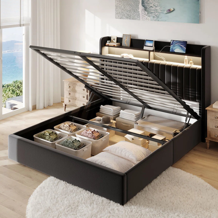 Hydraulic Lift Up Storage Upholstered Platform Wingback LED Bed With 2-Tier Shelves And Charging Station, image 9