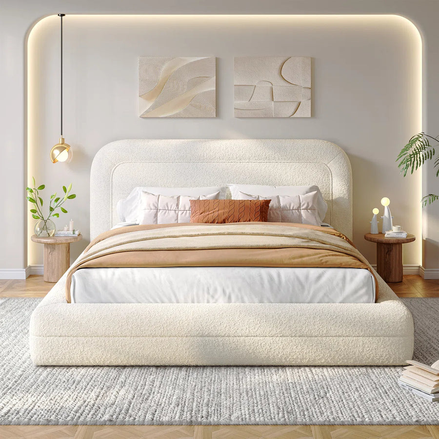 Upholstered Cloud Bed Frame with Anti-Collision Soft Rounded Corners, Sponge-Filled Boucle Bed Frame