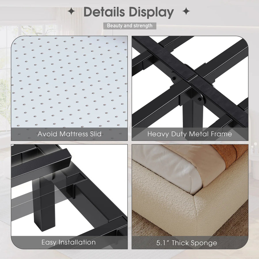 Upholstered Cloud Bed Frame with Anti-Collision Soft Rounded Corners, Sponge-Filled Boucle Bed Frame, image 4
