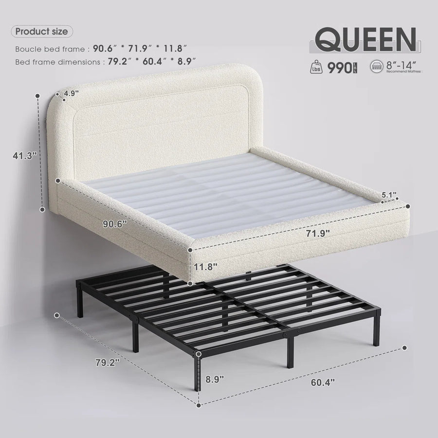 Upholstered Cloud Bed Frame with Anti-Collision Soft Rounded Corners, Sponge-Filled Boucle Bed Frame, image 5