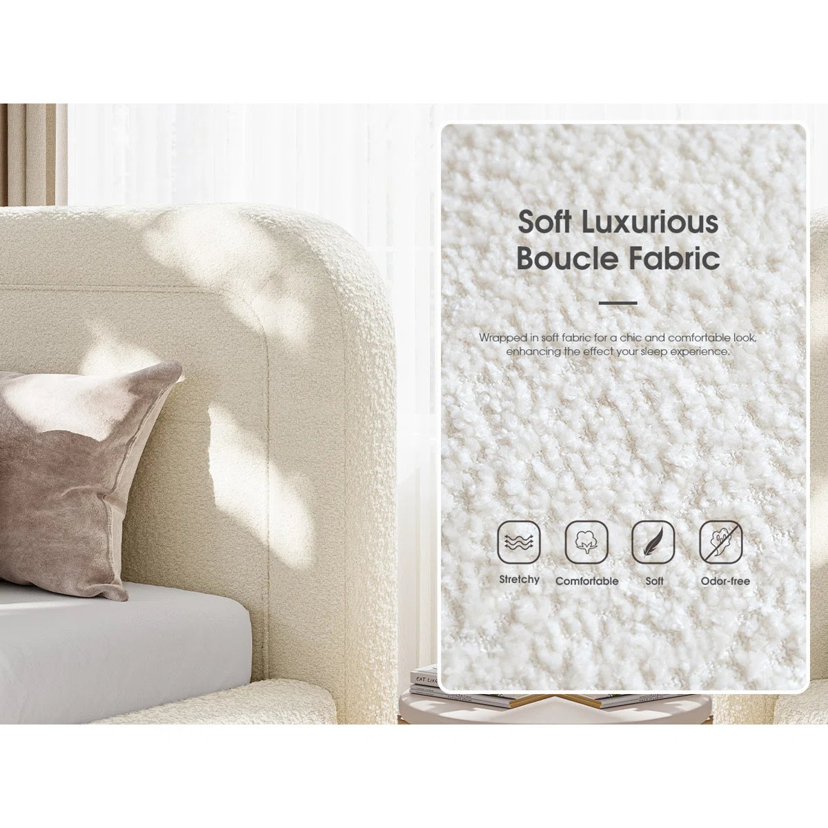 Upholstered Cloud Bed Frame with Anti-Collision Soft Rounded Corners, Sponge-Filled Boucle Bed Frame, image 6