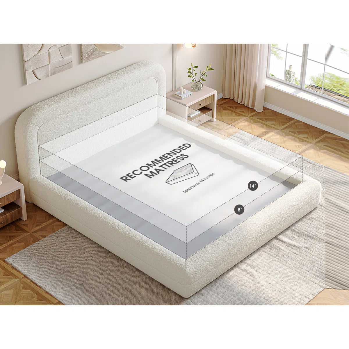 Upholstered Cloud Bed Frame with Anti-Collision Soft Rounded Corners, Sponge-Filled Boucle Bed Frame, image 9