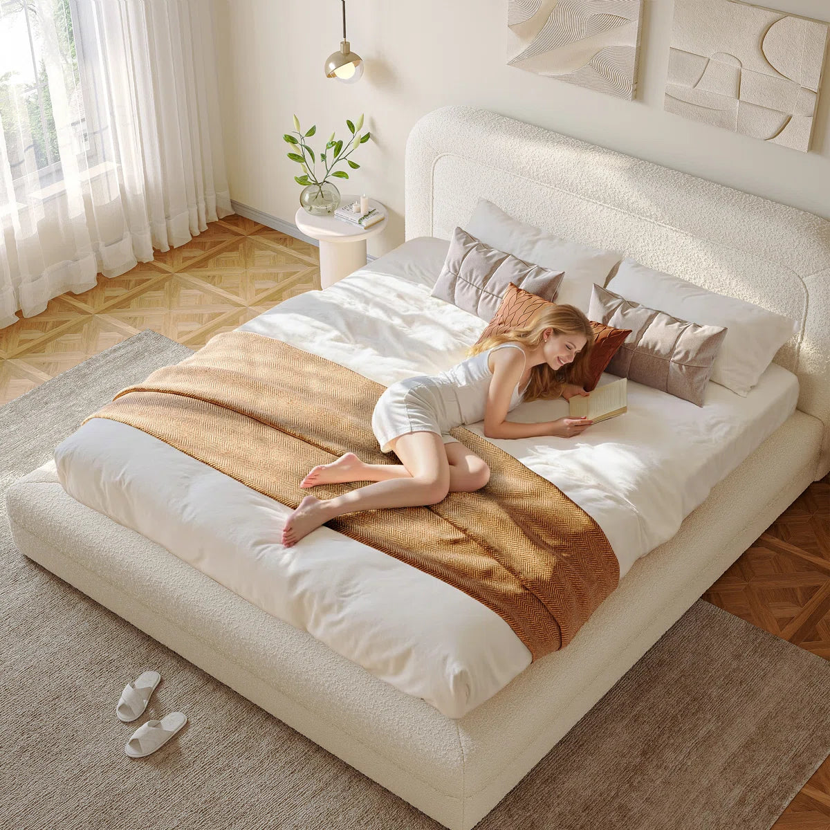 Upholstered Cloud Bed Frame with Anti-Collision Soft Rounded Corners, Sponge-Filled Boucle Bed Frame, image 13