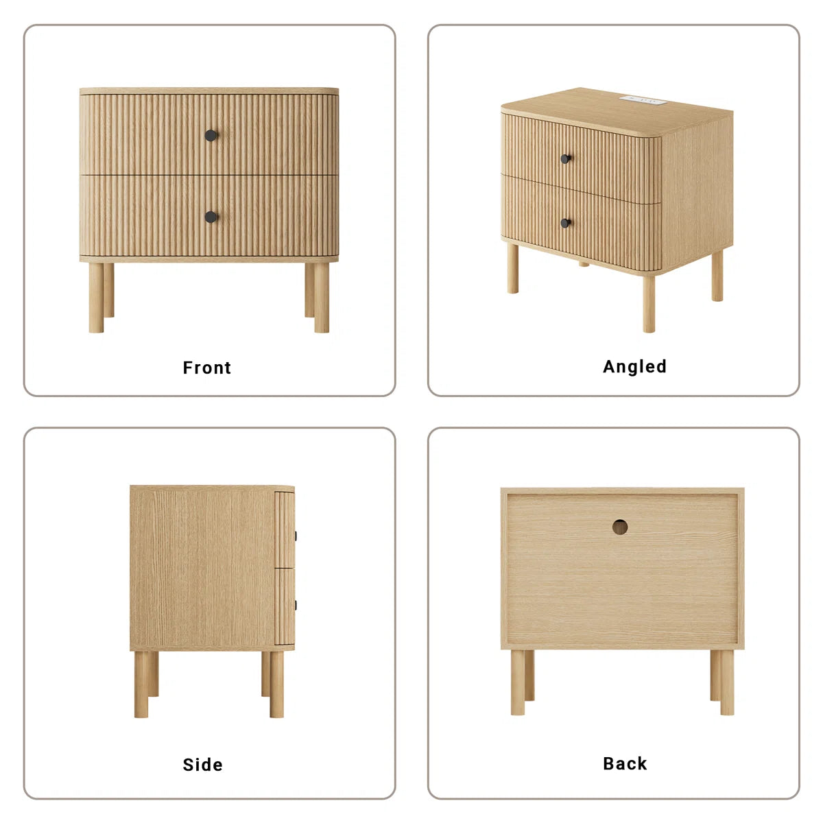 24" Nightstands with Rounded Corners & Solid Wood Legs, Charging Station, 2 Drawers End Table with Storage, Mid Century Modern Fluted Bedside Table for Bedroom, image 2