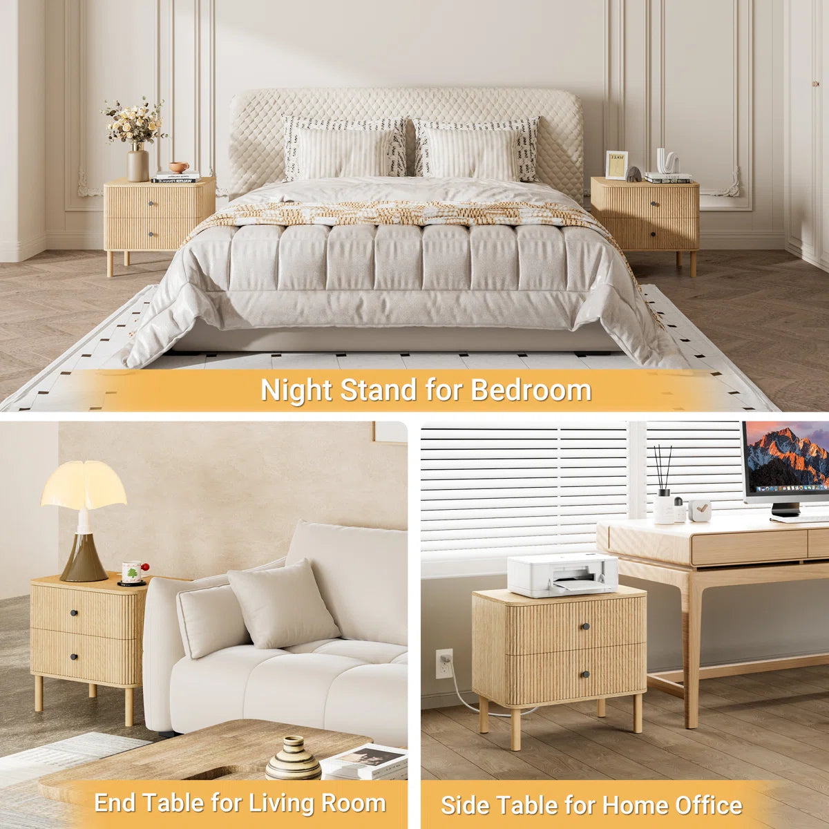 24" Nightstands with Rounded Corners & Solid Wood Legs, Charging Station, 2 Drawers End Table with Storage, Mid Century Modern Fluted Bedside Table for Bedroom, image 7