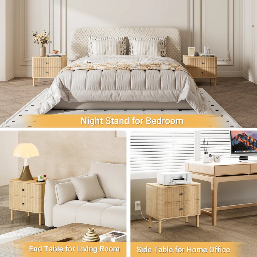 24" Nightstands with Rounded Corners & Solid Wood Legs, Charging Station, 2 Drawers End Table with Storage, Mid Century Modern Fluted Bedside Table for Bedroom, image 7