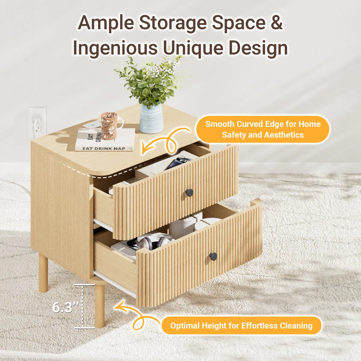 24" Nightstands with Rounded Corners & Solid Wood Legs, Charging Station, 2 Drawers End Table with Storage, Mid Century Modern Fluted Bedside Table for Bedroom, image 8