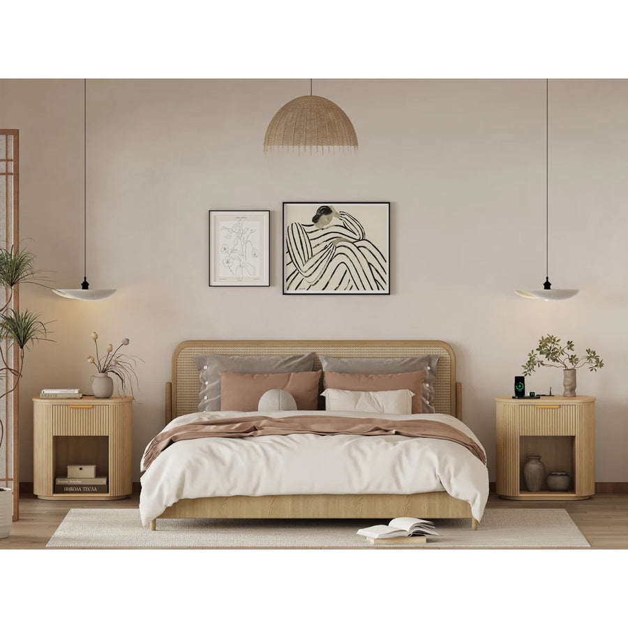 Reeded Nightstand With 1 Drawer, Open Shelf Storage Built-in Outlets USB Type-C Charging Station