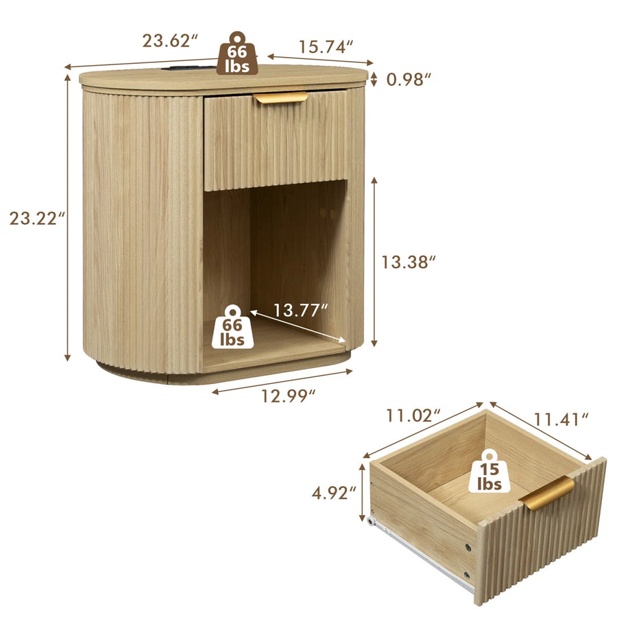 Reeded Nightstand With 1 Drawer, Open Shelf Storage Built-in Outlets USB Type-C Charging Station, image 3