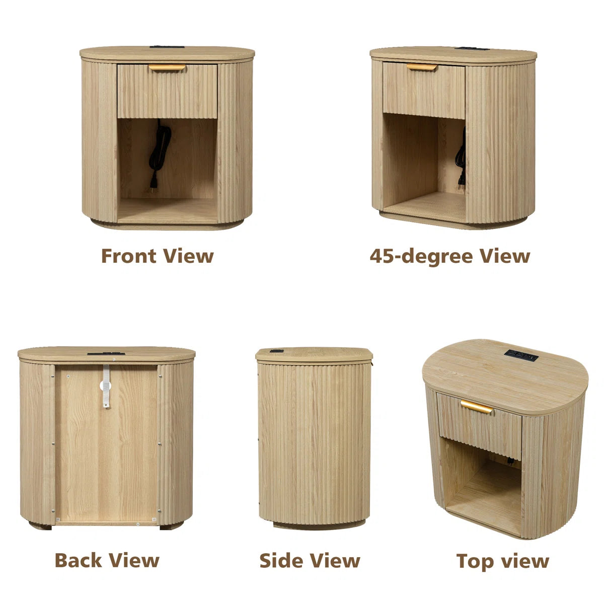 Reeded Nightstand With 1 Drawer, Open Shelf Storage Built-in Outlets USB Type-C Charging Station, image 4
