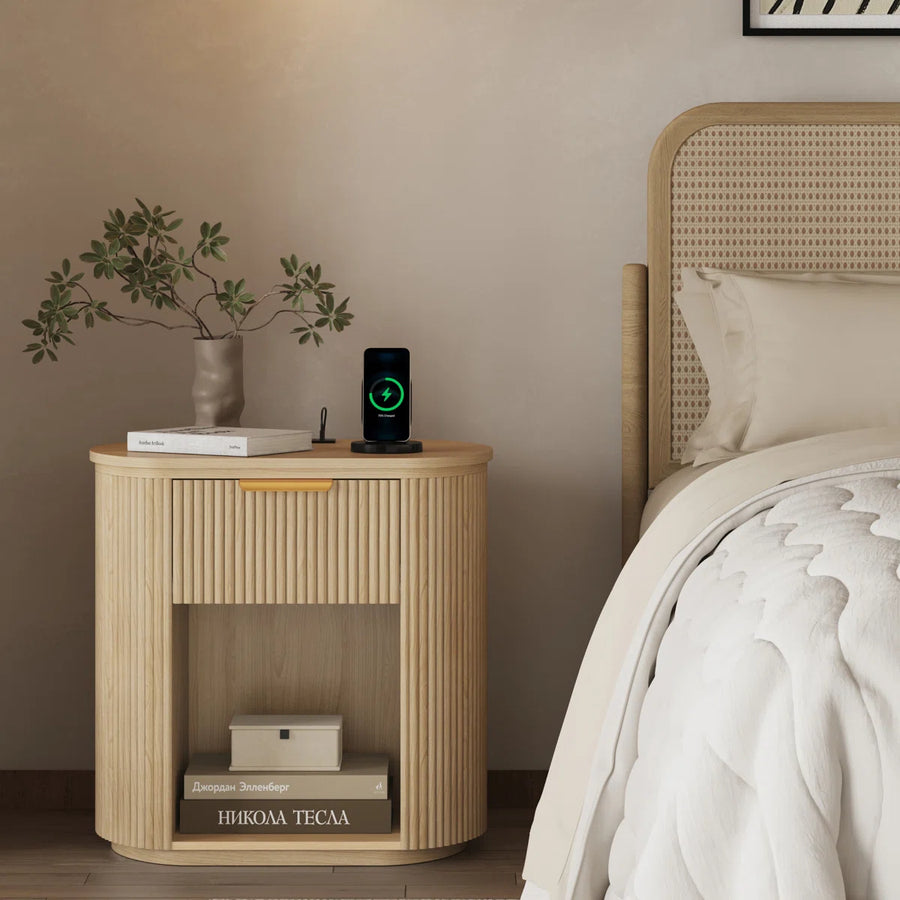 Reeded Nightstand With 1 Drawer, Open Shelf Storage Built-in Outlets USB Type-C Charging Station, image 2