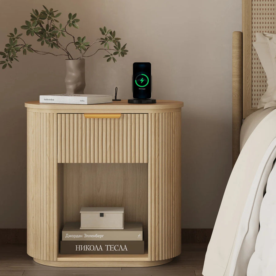 Reeded Nightstand With 1 Drawer, Open Shelf Storage Built-in Outlets USB Type-C Charging Station, image 6