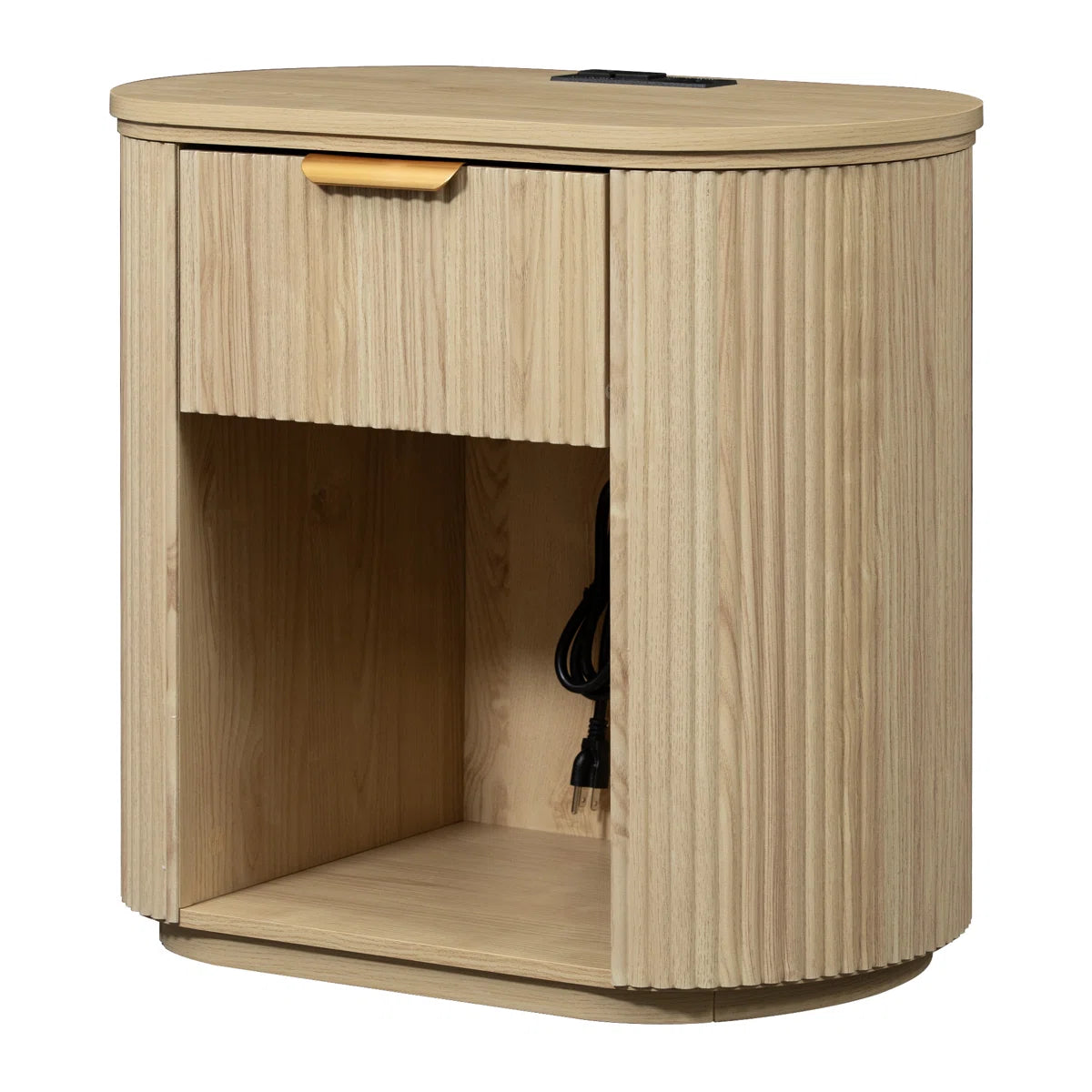 Reeded Nightstand With 1 Drawer, Open Shelf Storage Built-in Outlets USB Type-C Charging Station, image 8