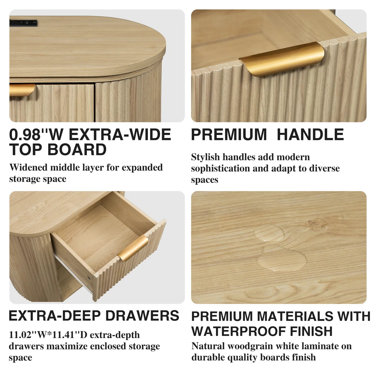 Reeded Nightstand With 1 Drawer, Open Shelf Storage Built-in Outlets USB Type-C Charging Station, image 9