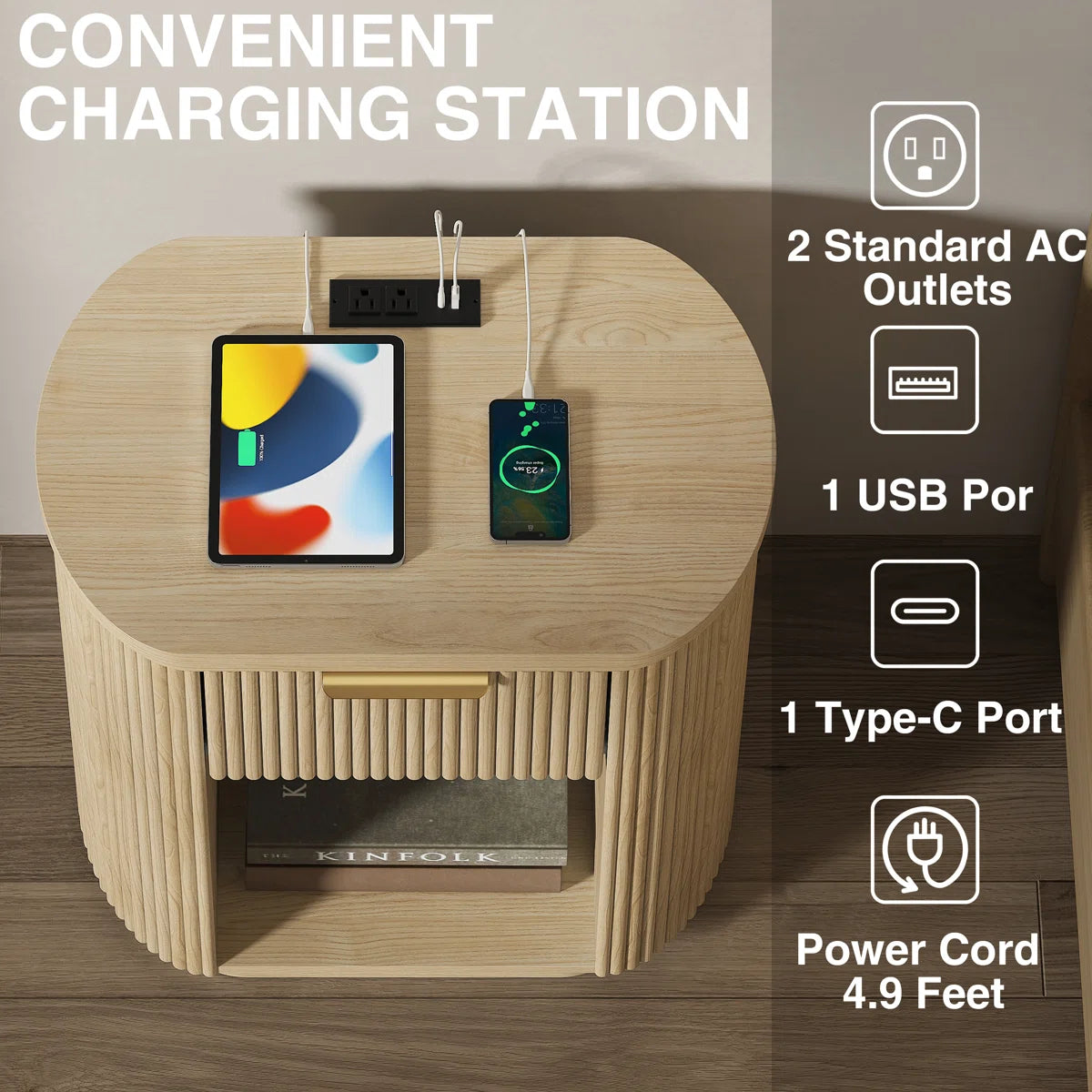 Reeded Nightstand With 1 Drawer, Open Shelf Storage Built-in Outlets USB Type-C Charging Station, image 10