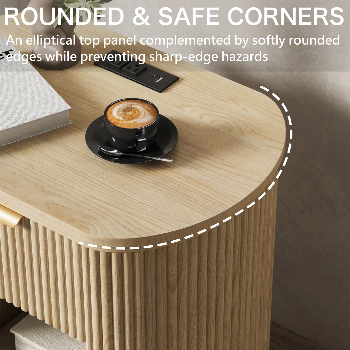 Reeded Nightstand With 1 Drawer, Open Shelf Storage Built-in Outlets USB Type-C Charging Station, image 11