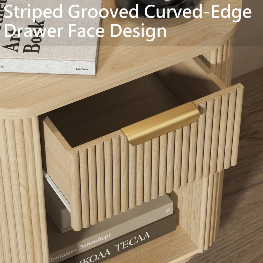 Reeded Nightstand With 1 Drawer, Open Shelf Storage Built-in Outlets USB Type-C Charging Station, image 12