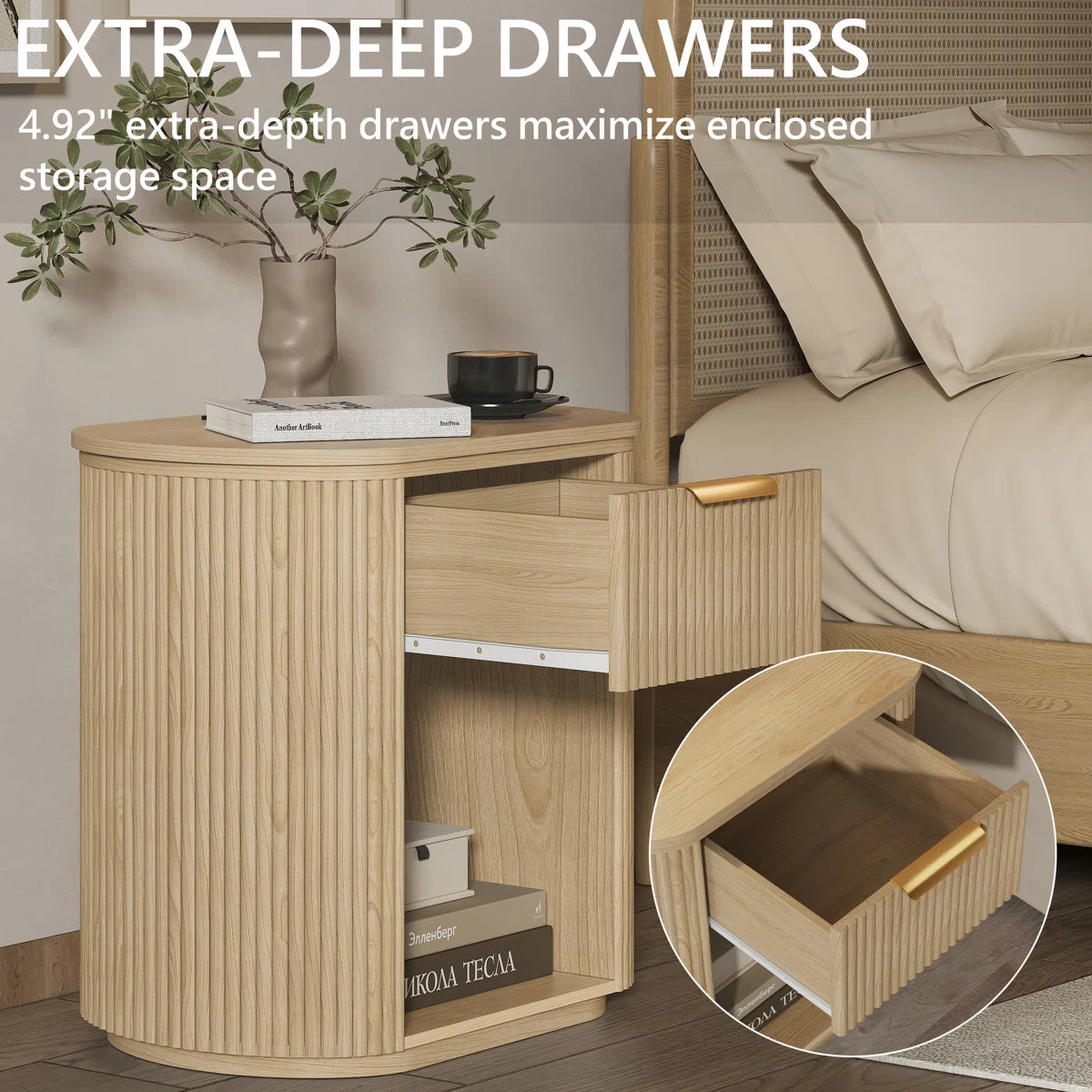 Reeded Nightstand With 1 Drawer, Open Shelf Storage Built-in Outlets USB Type-C Charging Station, image 13