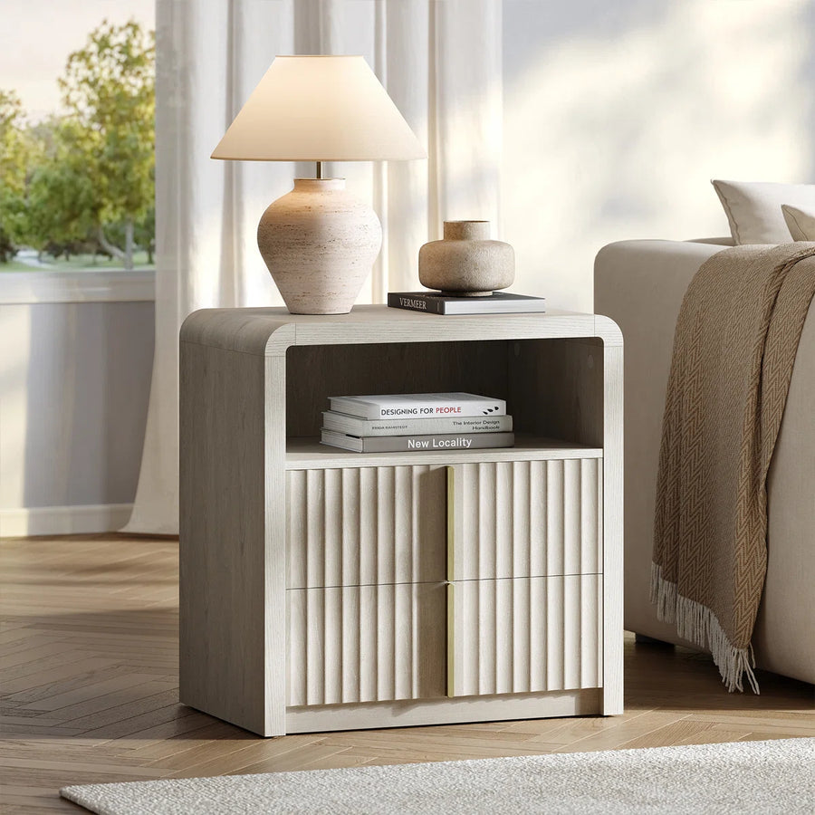 24" Modern Fluted Nightstand Set Of 2, 2 Drawer Bedside Table With Open Shelf, End Table With Curve Profile Design For Bedroom Living Room, image 3