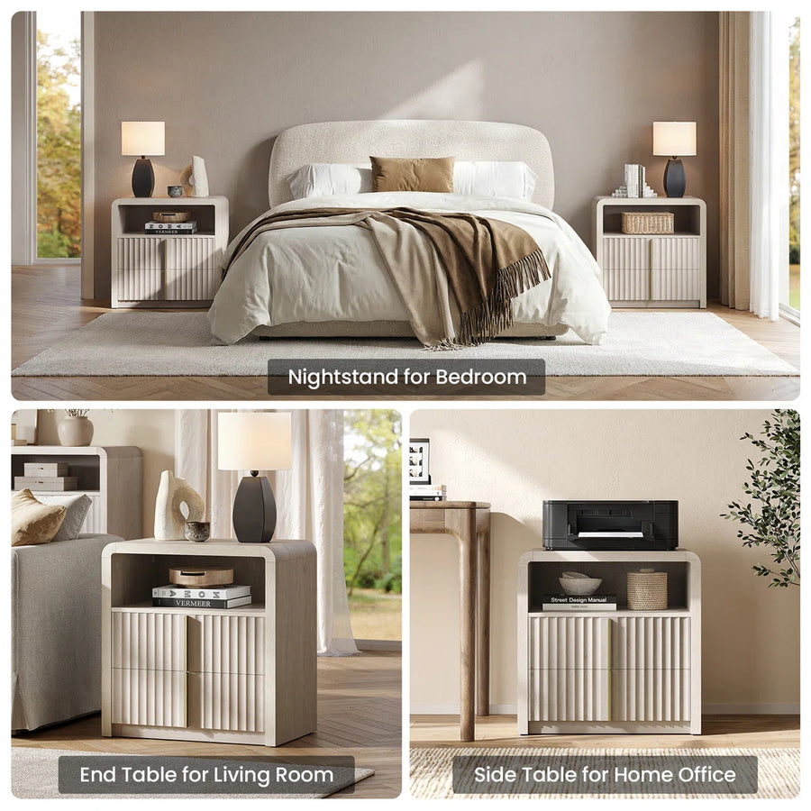 24" Modern Fluted Nightstand Set Of 2, 2 Drawer Bedside Table With Open Shelf, End Table With Curve Profile Design For Bedroom Living Room, image 7