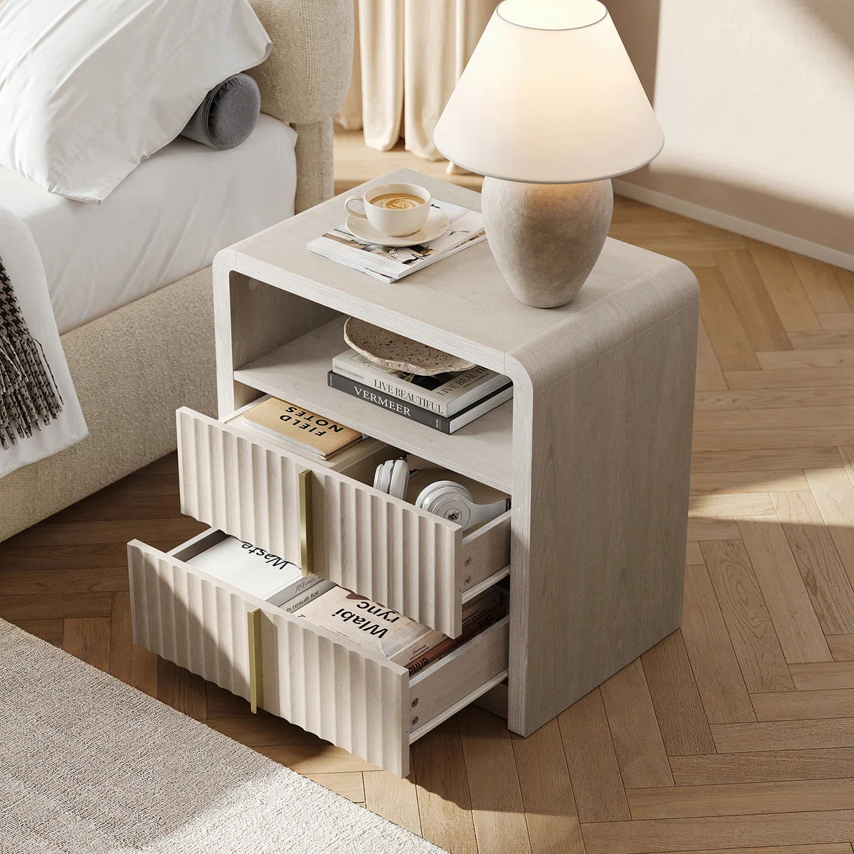 24" Modern Fluted Nightstand Set Of 2, 2 Drawer Bedside Table With Open Shelf, End Table With Curve Profile Design For Bedroom Living Room, image 8