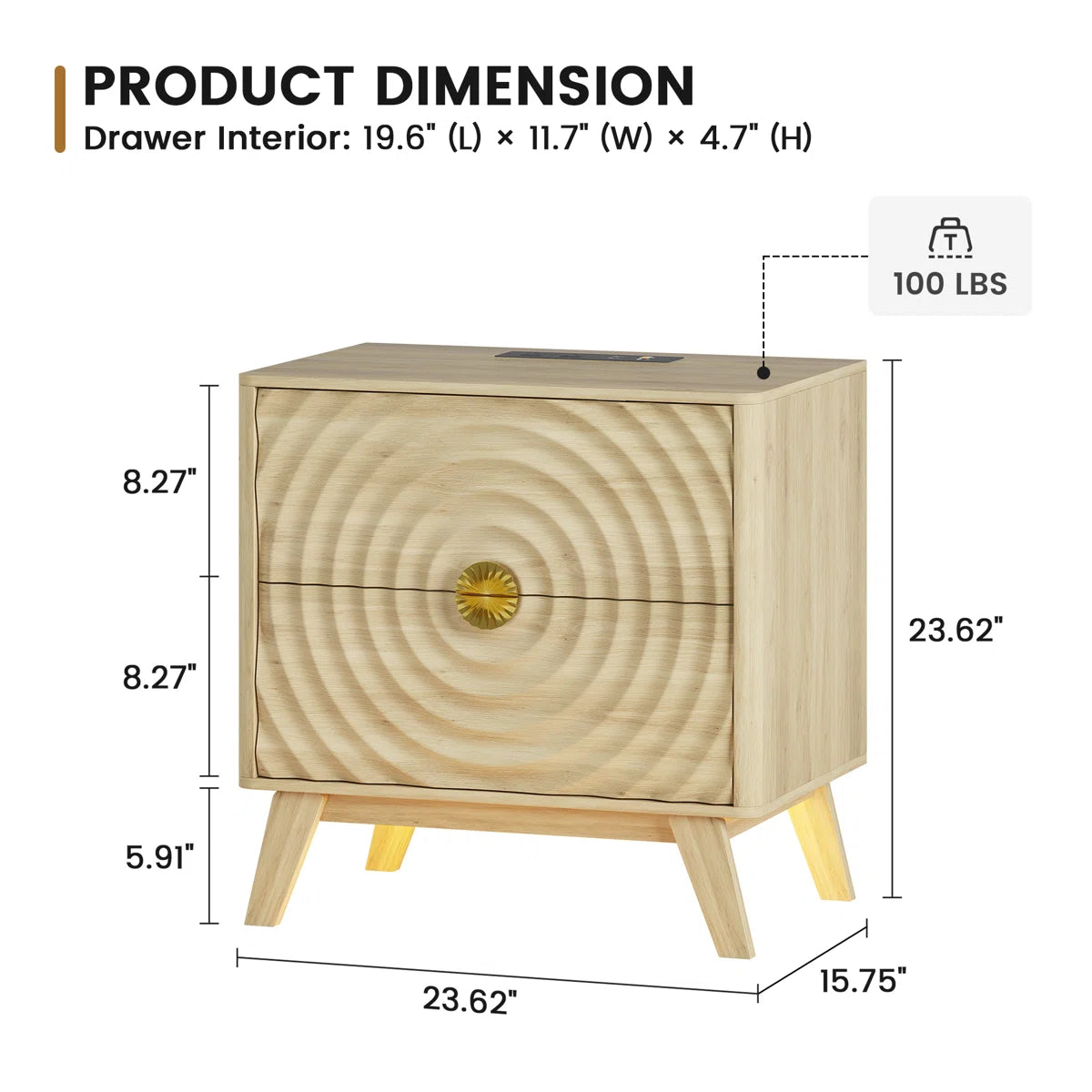 23.6'' W 2-Drawer Nightstand With Built-In Outlets And Human Sensor Light
