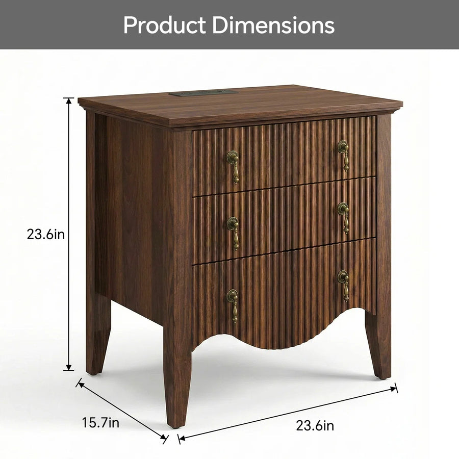 Avenall Nightstand With Charging Station, Vintage Bedside Table With 3 Fluted Drawers And Open Shelf, Rustic End Table With Power Outlet And Usb Ports For Bedroom, Walnut, image 2