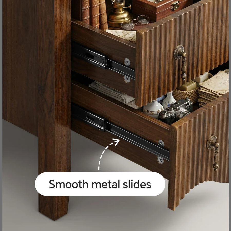 Avenall Nightstand With Charging Station, Vintage Bedside Table With 3 Fluted Drawers And Open Shelf, Rustic End Table With Power Outlet And Usb Ports For Bedroom, Walnut, image 4