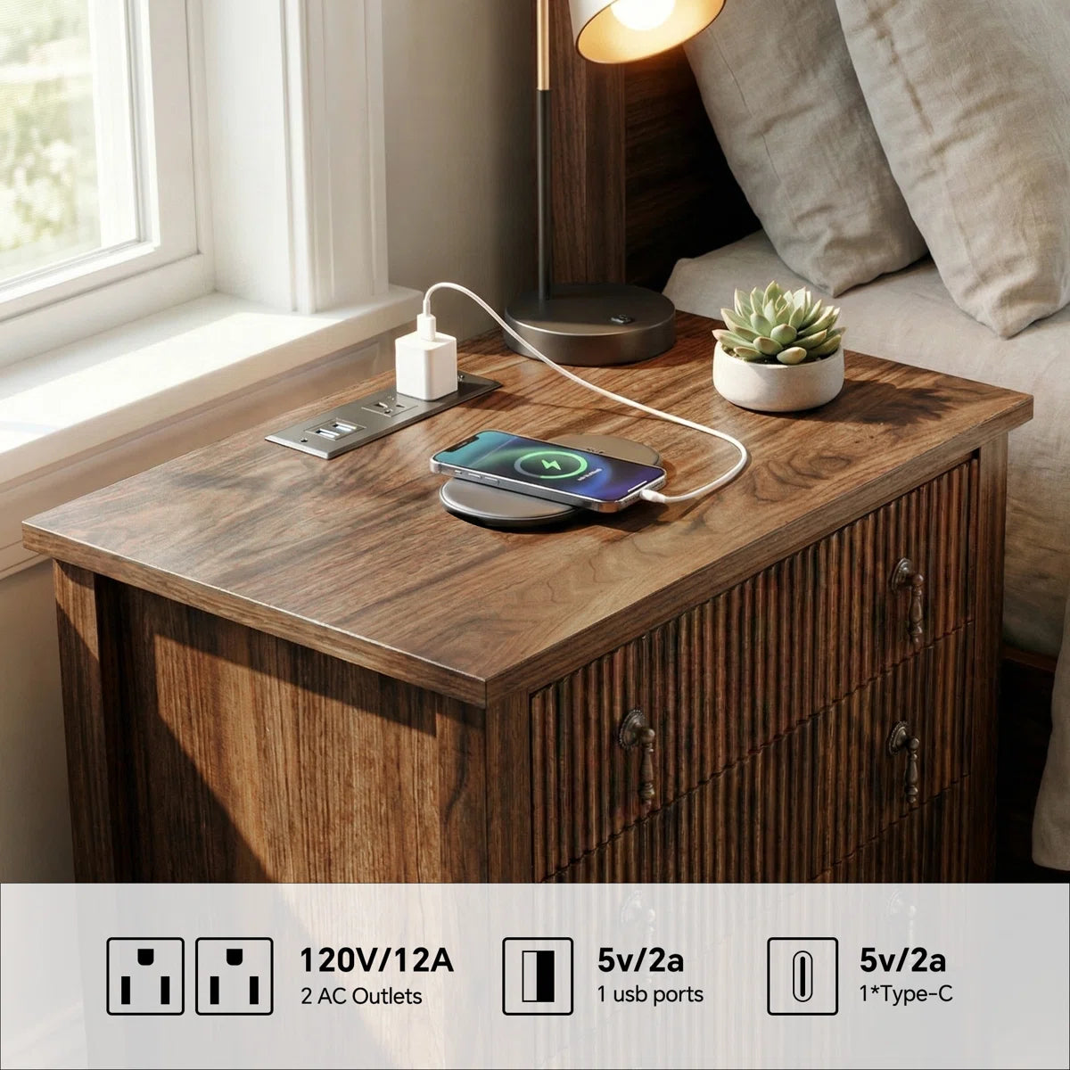 Avenall Nightstand With Charging Station, Vintage Bedside Table With 3 Fluted Drawers And Open Shelf, Rustic End Table With Power Outlet And Usb Ports For Bedroom, Walnut, image 5