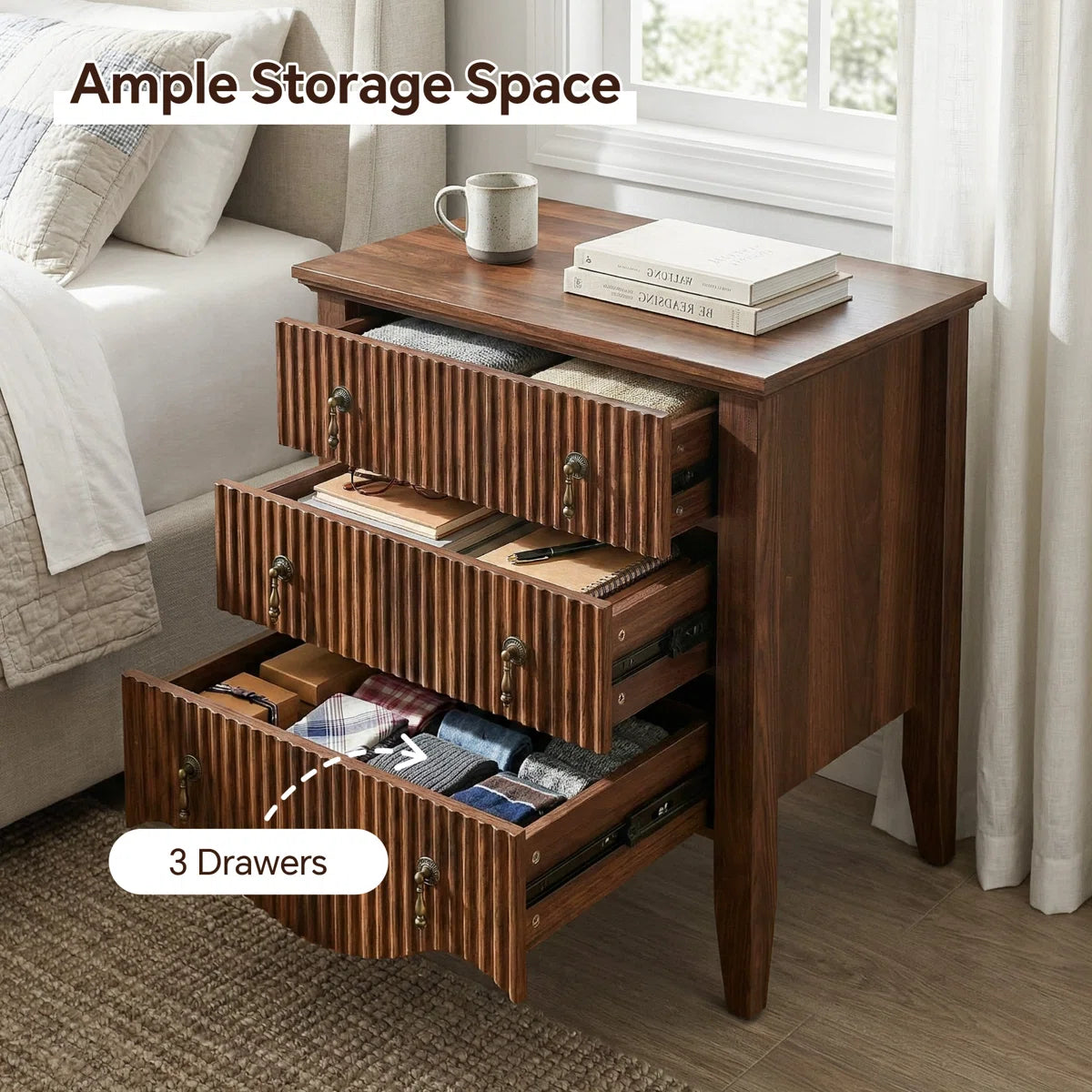 Avenall Nightstand With Charging Station, Vintage Bedside Table With 3 Fluted Drawers And Open Shelf, Rustic End Table With Power Outlet And Usb Ports For Bedroom, Walnut, image 7