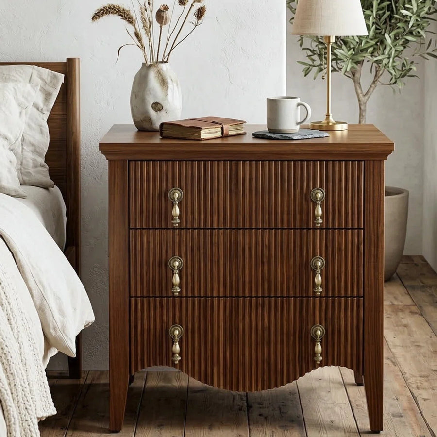 Avenall Nightstand With Charging Station, Vintage Bedside Table With 3 Fluted Drawers And Open Shelf, Rustic End Table With Power Outlet And Usb Ports For Bedroom, Walnut