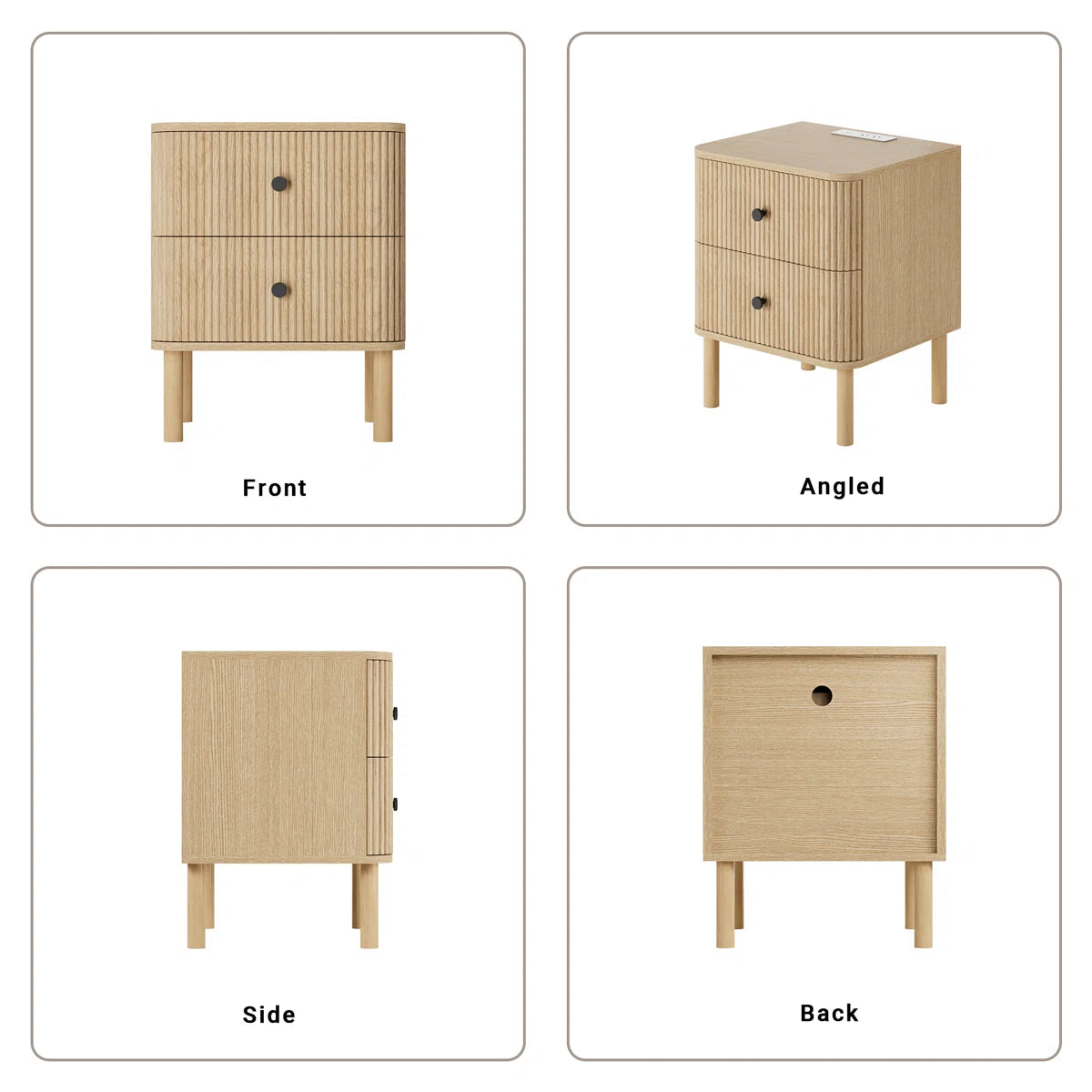 18" Fluted 2 Drawers Nightstand Set of 2 with Charging Station Outlet & Solid Wood Legs, End Table with Storage, Mid Century Modern Bedside Table for Bedroom, image 2