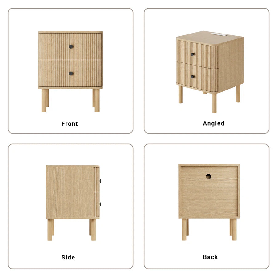 18" Fluted 2 Drawers Nightstand Set of 2 with Charging Station Outlet & Solid Wood Legs, End Table with Storage, Mid Century Modern Bedside Table for Bedroom, image 2