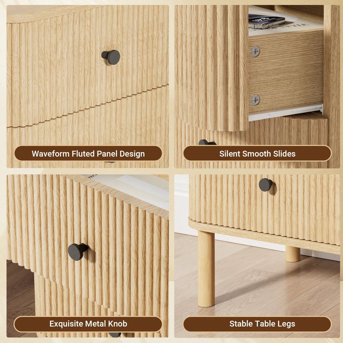 18" Fluted 2 Drawers Nightstand Set of 2 with Charging Station Outlet & Solid Wood Legs, End Table with Storage, Mid Century Modern Bedside Table for Bedroom, image 4