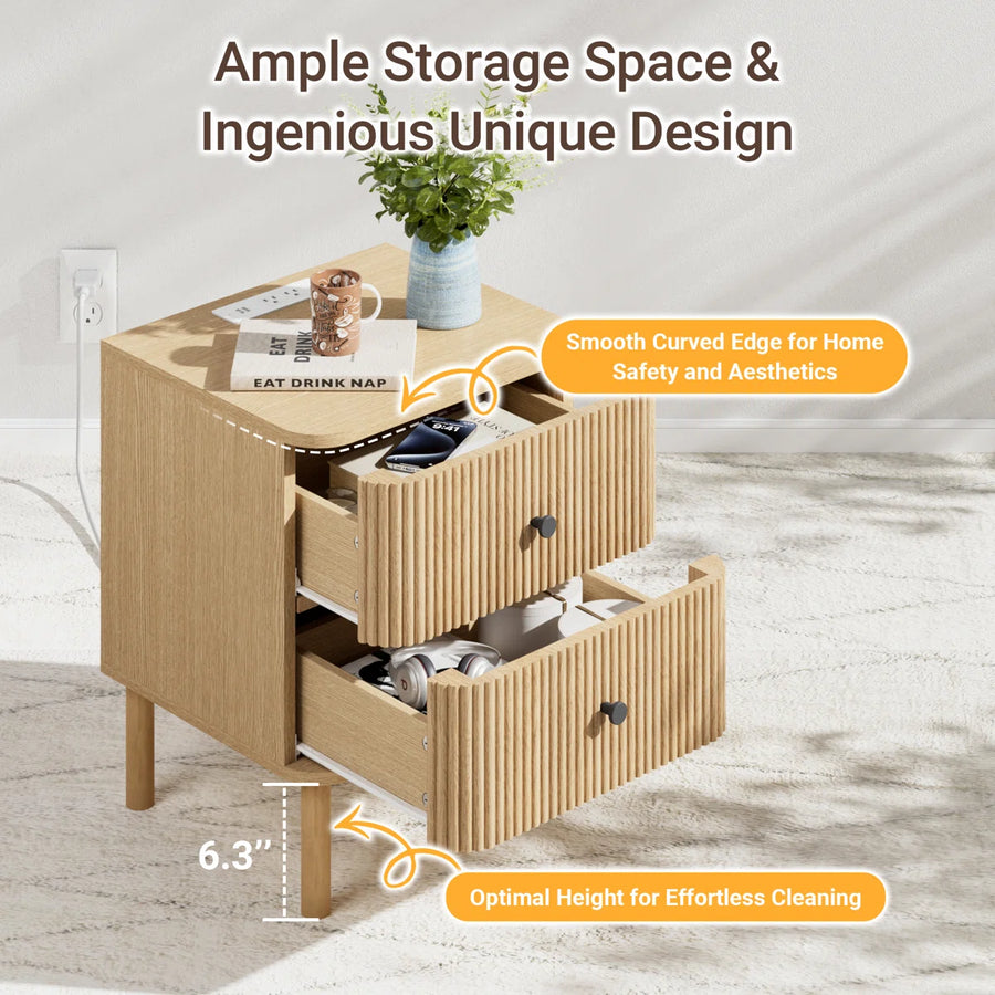 18" Fluted 2 Drawers Nightstand Set of 2 with Charging Station Outlet & Solid Wood Legs, End Table with Storage, Mid Century Modern Bedside Table for Bedroom, image 7