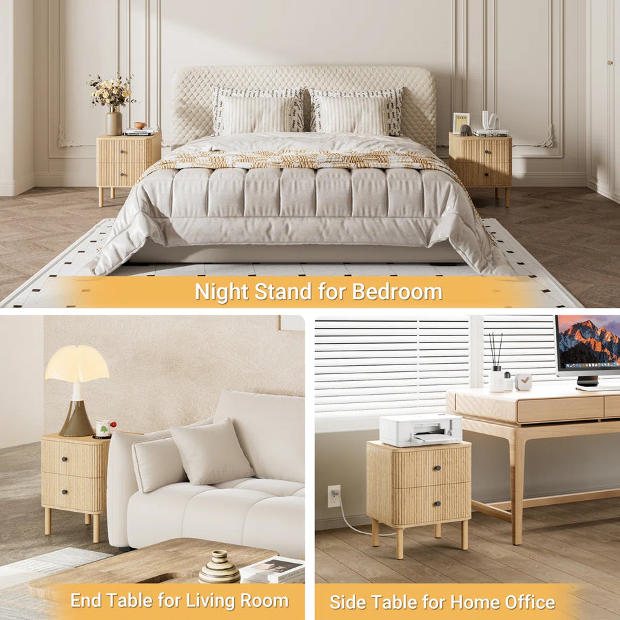 18" Fluted 2 Drawers Nightstand Set of 2 with Charging Station Outlet & Solid Wood Legs, End Table with Storage, Mid Century Modern Bedside Table for Bedroom, image 8
