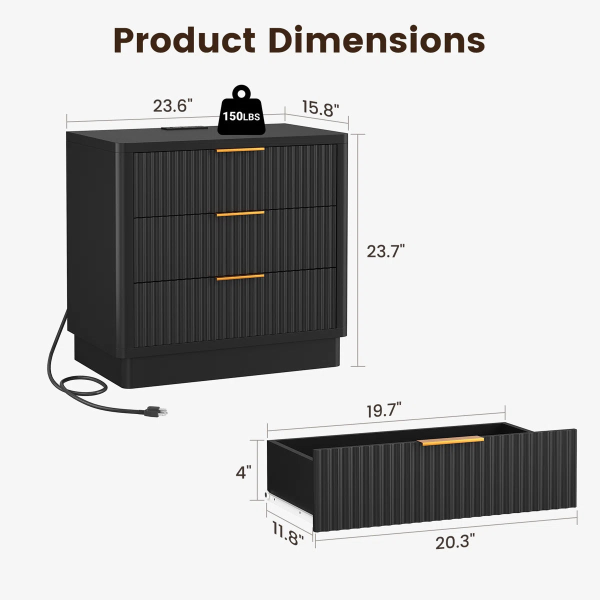 23.6" W 3-Drawer Nightstand with Charging Station, image 3