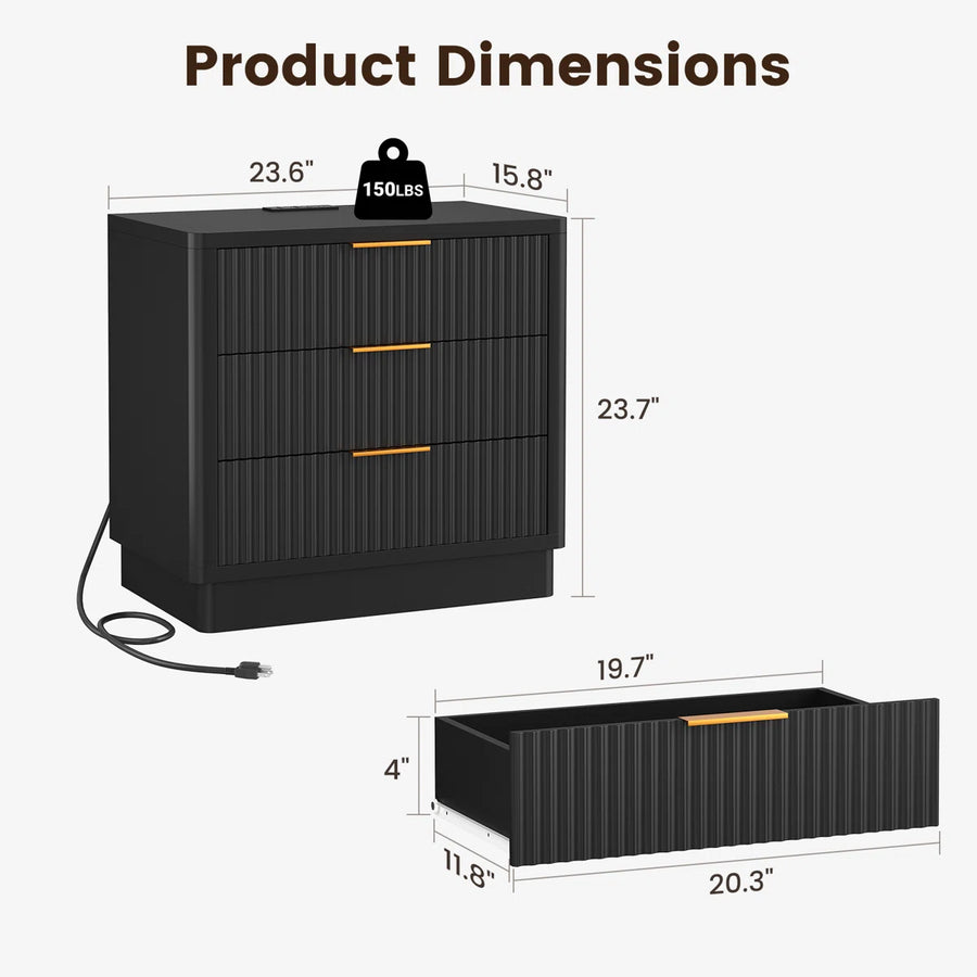 23.6" W 3-Drawer Nightstand with Charging Station, image 3